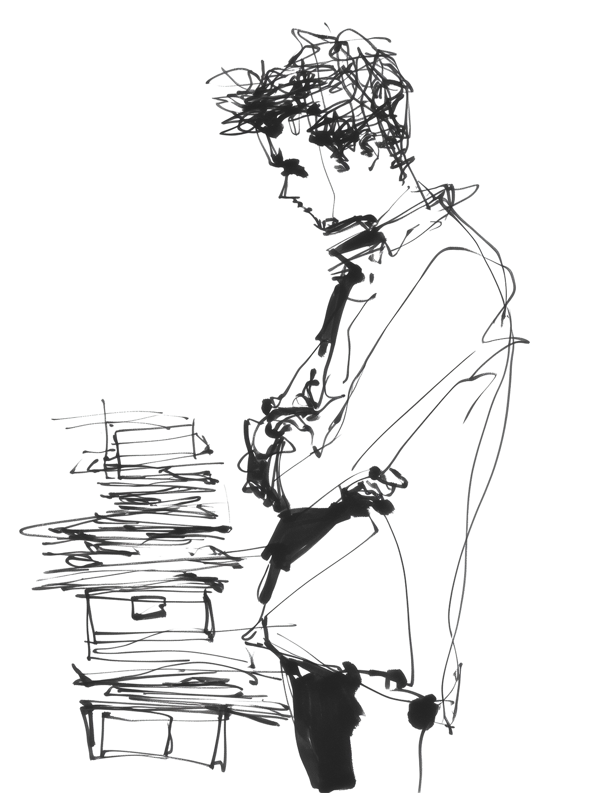 積み上がった書類トレイを腕組みで見下ろす人のペン画