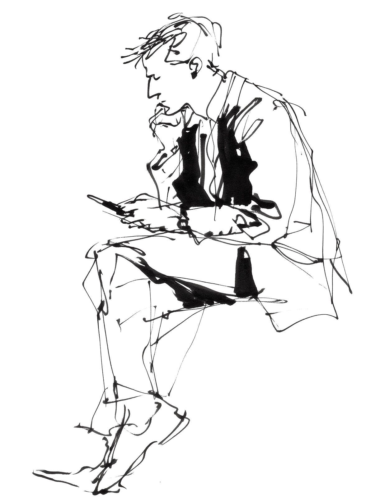 スマホで届いた相談を読む人のペン画