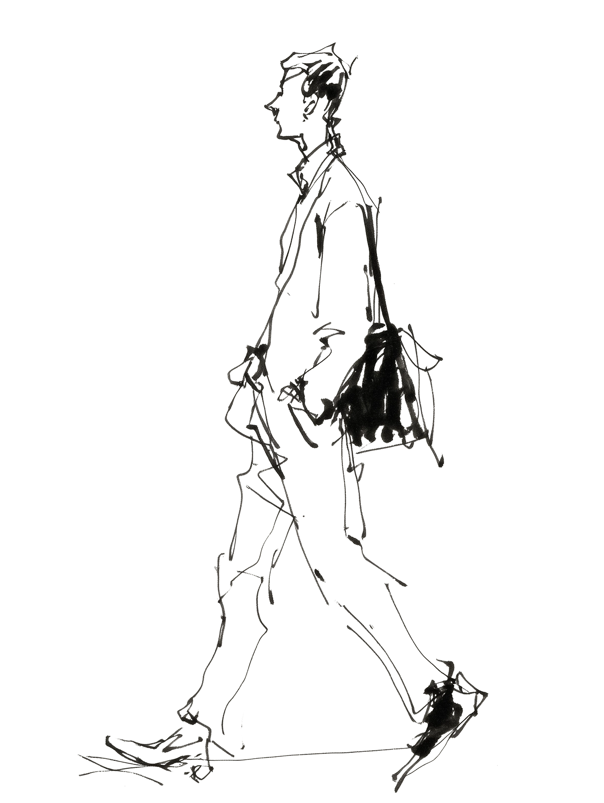 ショルダーバッグを提げて歩き出す人の横姿のペン画