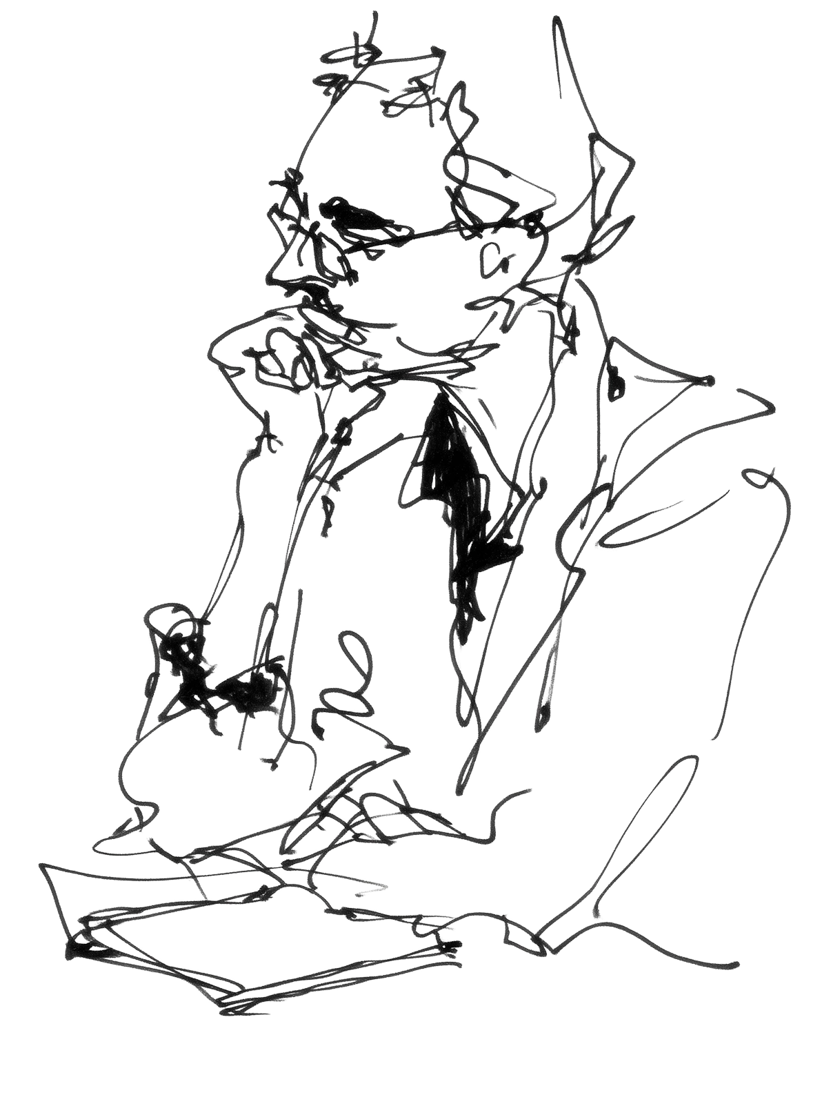 顎に手を当てて考え込む人のペン画